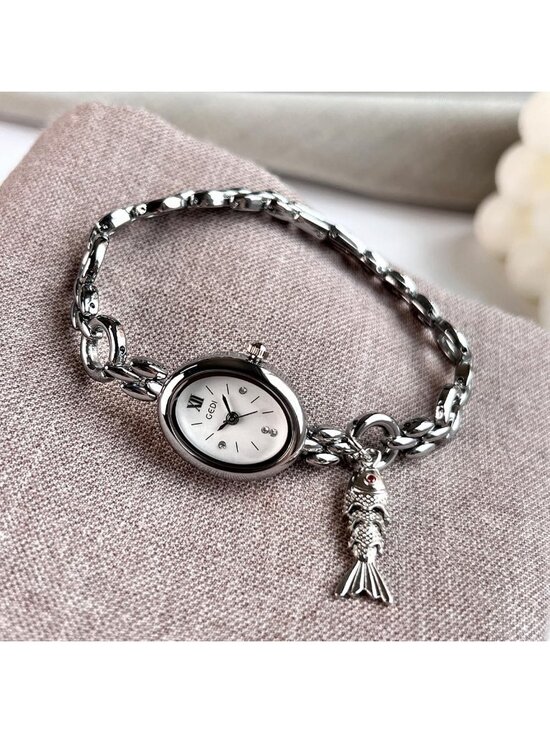 Women\'s Silver White Analog Quartz Alloy Steel Oval Roman Numeral Bracelet Watch